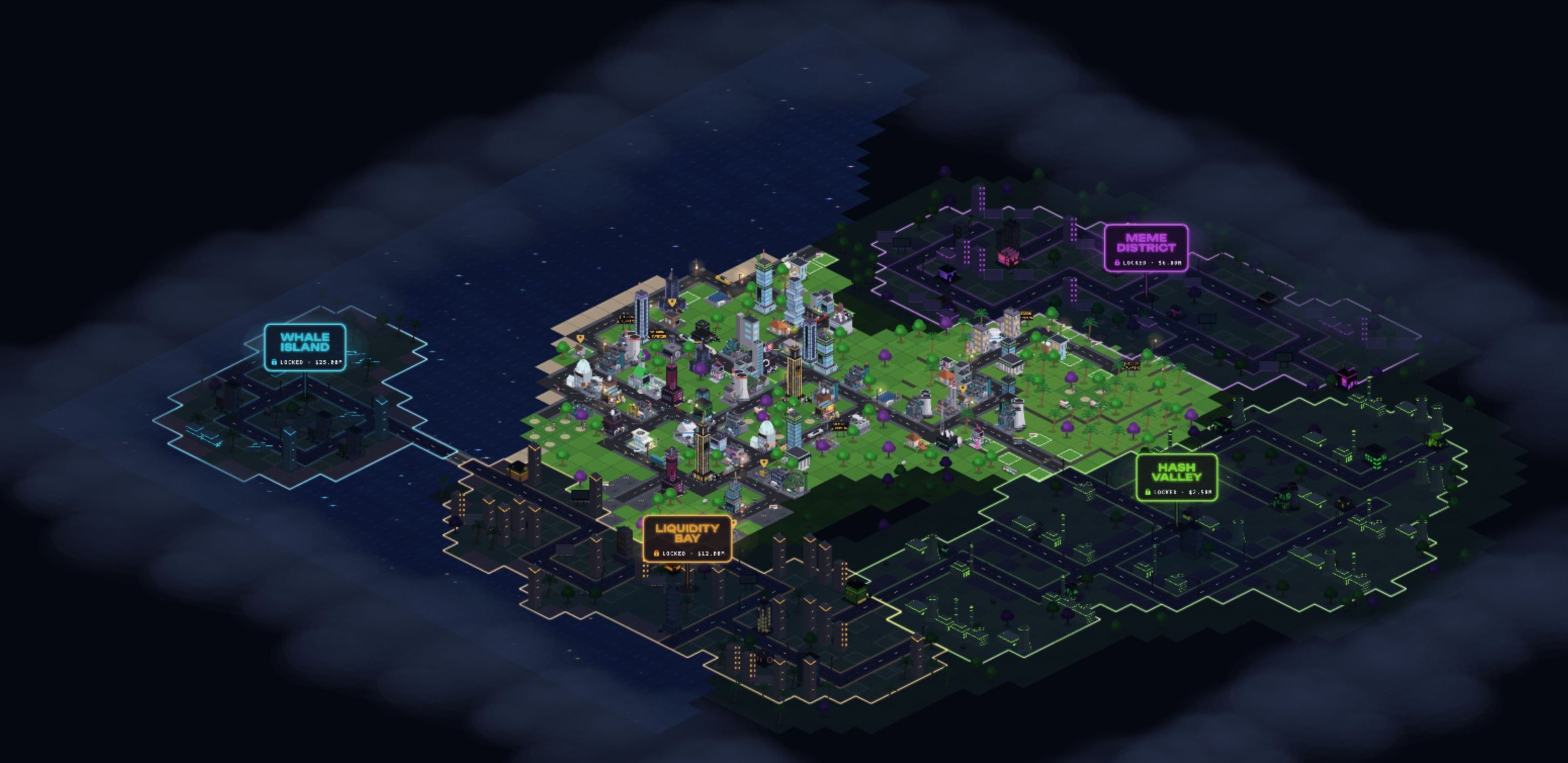 The full Bag City map: Degen Heights unlocked, four fogged districts around it